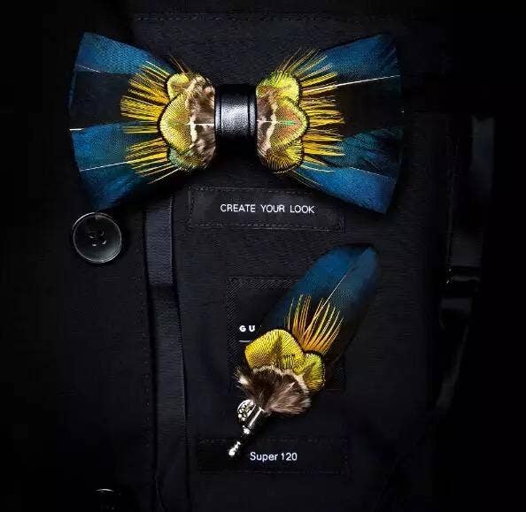 Handmade Adjustable Strap Leather & Feather Bow Tie W/ Lapel Pin Set