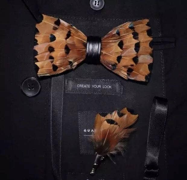 Handmade Adjustable Strap Leather & Feather Bow Tie W/ Lapel Pin Set
