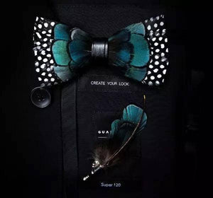 Handmade Adjustable Strap Leather & Feather Bow Tie W/ Lapel Pin Set