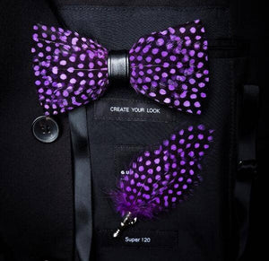 Handmade Adjustable Strap Leather & Feather Bow Tie W/ Lapel Pin Set